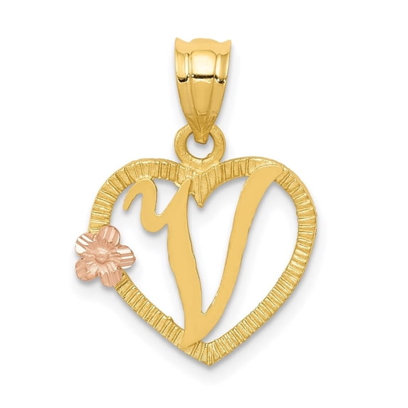 Diamond2Deal 14K Two Tone Gold V Initial Heart Pendant for Women (L- 16.07 mm, W- 16.47 mm)