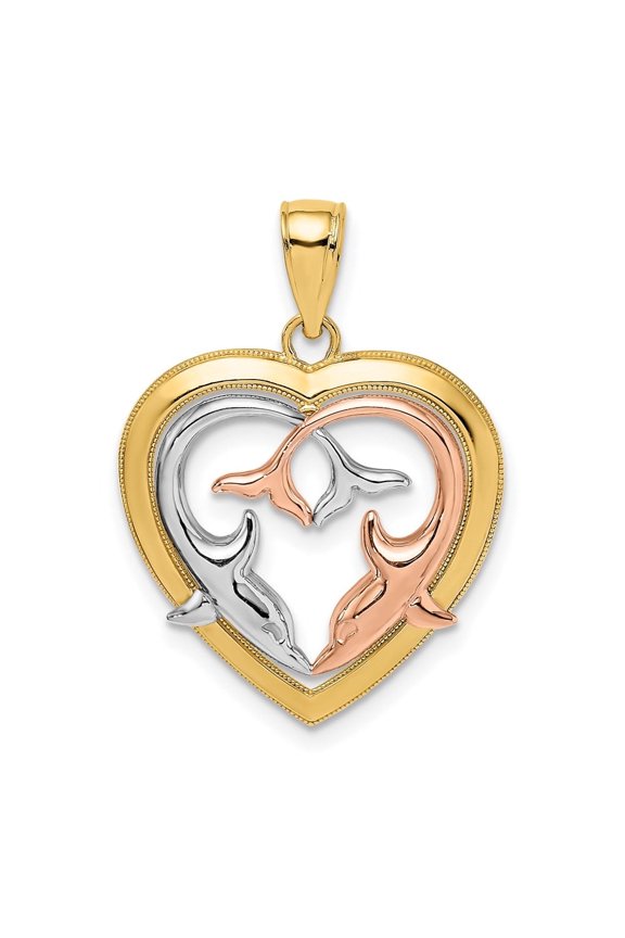 14K Two Tone Gold Dolphins In Heart Frame Pendant for Women (L- 0.79 in, W- 0.78 in)