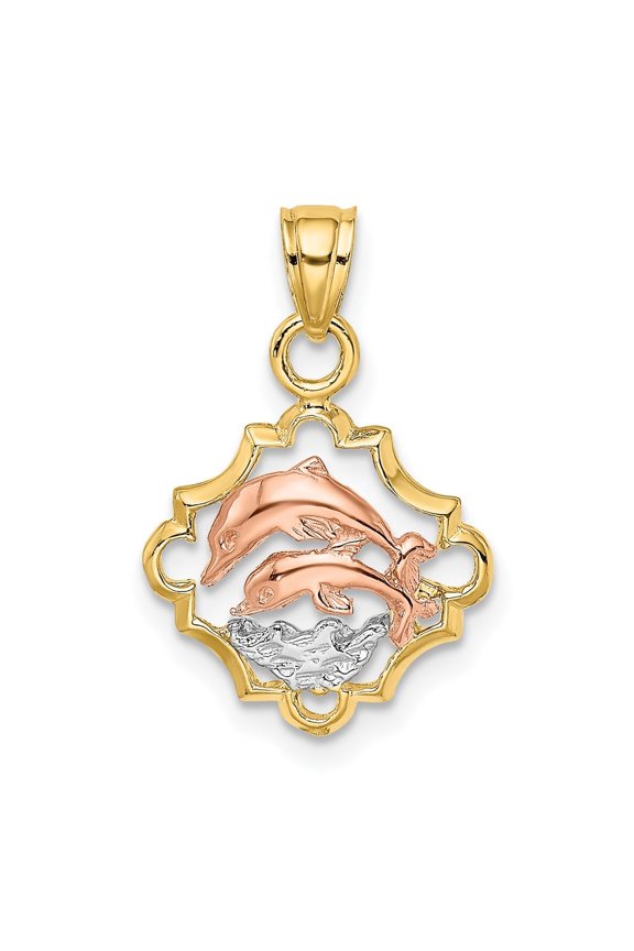 14k Two-tone Gold Double Dolphins In Frame Pendant for Women (L- 0.53 in, W- 0.55 in)