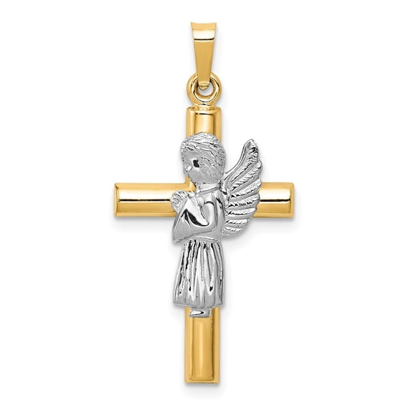 Diamond2Deal 14k Two-tone Gold Angel and Cross Pendant for Women (L- 1.3 in, W- 0.67 in)