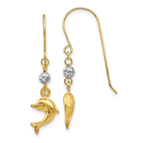 Diamond2Deal 14k Two-tone Gold Dolphin Shepherd Hook Earrings for Women (L- 1.3 in, W-0.32 in)