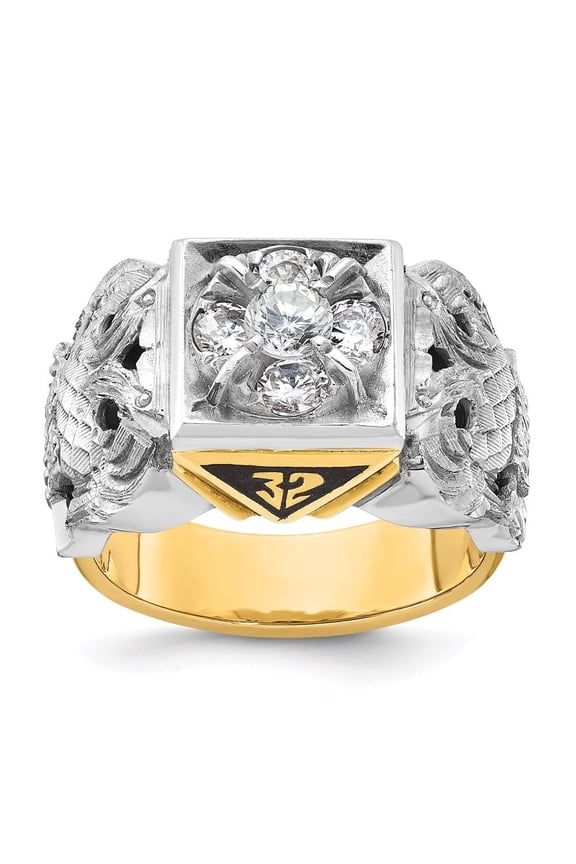 14k Twotone Gold Men's Polished and Textured with Diamond 32nd Degree Scottish Rite Masonic Ring Size10