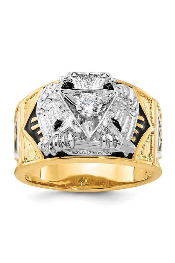 14k Twotone Gold Men's Polished and Textured with Diamond 32nd Degree Scottish Rite Masonic Ring Size10