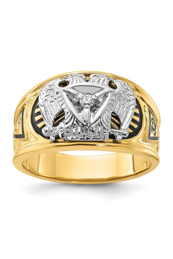 14k Twotone Gold Men's Polished and Textured with Diamond 32nd Degree Scottish Rite Masonic Ring Size10