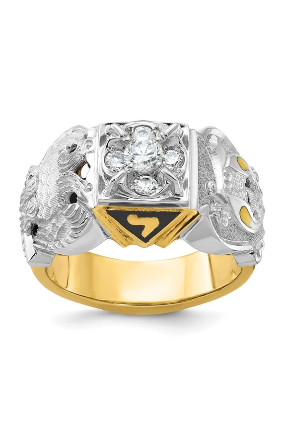 14k Twotone Gold Men's Polished and Textured with Diamond Double Eagle Masonic Shriner's Ring Size10