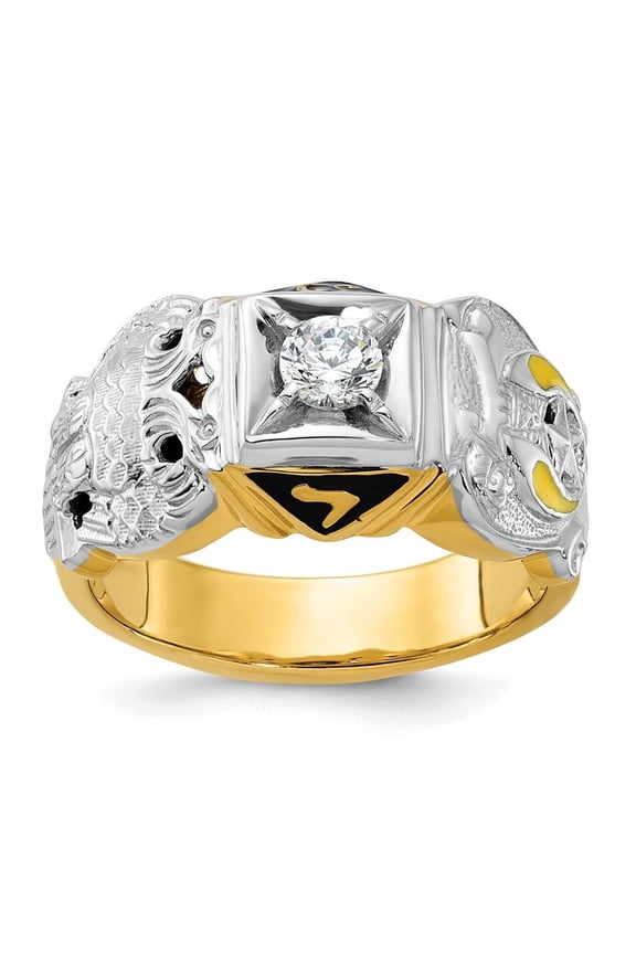 14k Twotone Gold Men's Polished and Textured with Diamond Double Eagle Masonic Shriner's Ring Size10