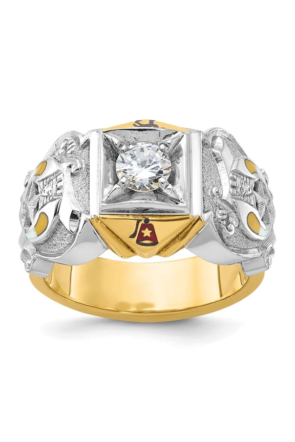 14k Twotone Gold Men's Polished and Textured with Multicolor Enamel and Diamond Masonic Shriner's Ring Size10