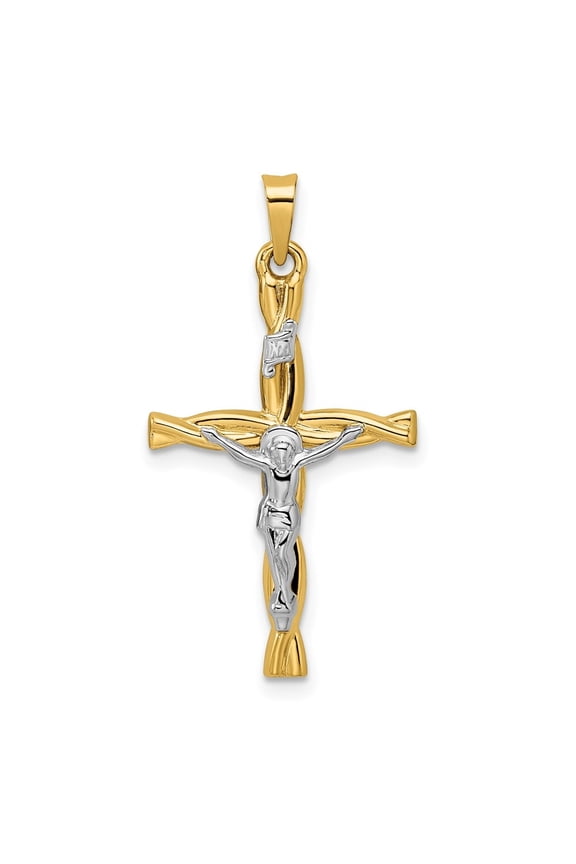 14k Two-tone Gold Polished Hollow INRI Crucifix Twisted Cross Pendant (L-31.8mm, W-17.05mm)