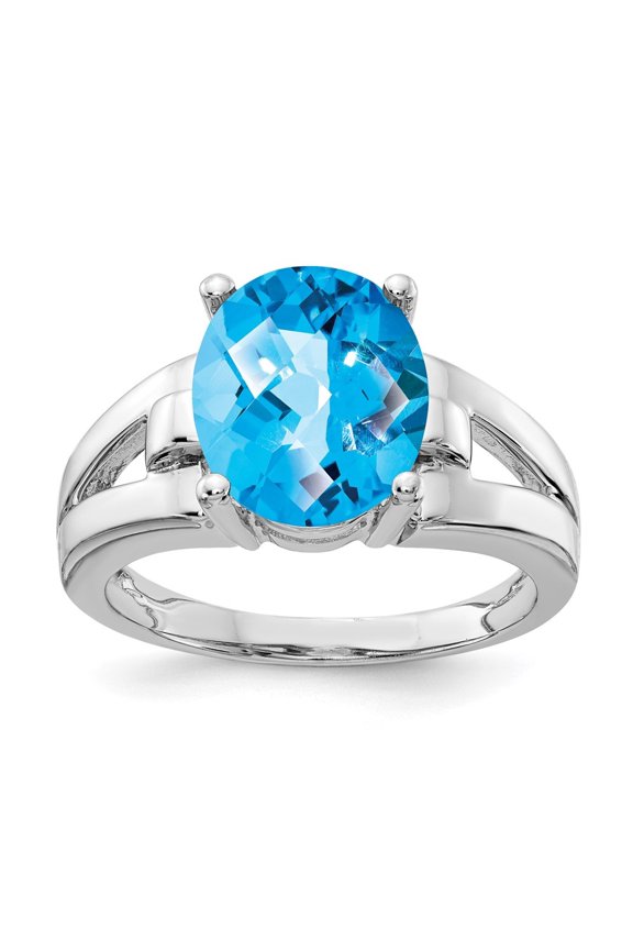 14k White Gold 11x9mm Oval Blue Topaz Checker Ring for Women Size-6