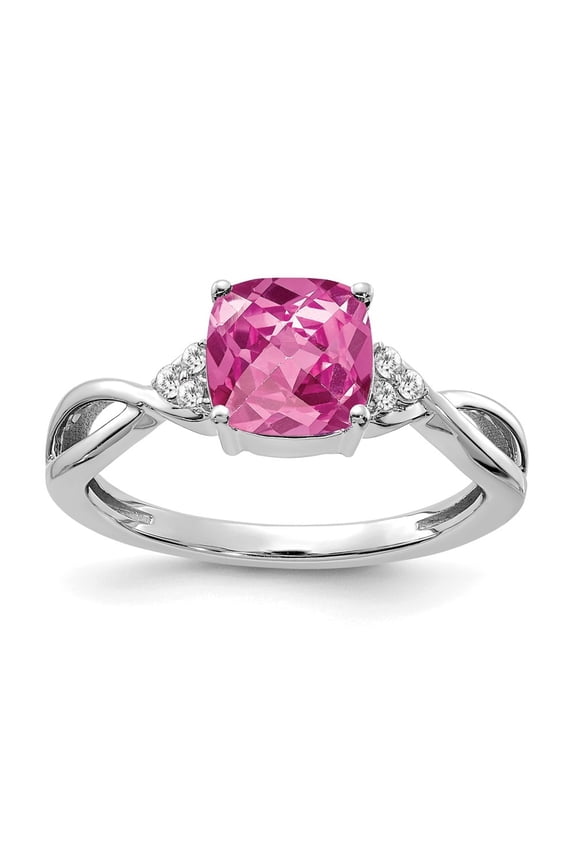 14k White Gold Checkerboard Created Pink Sapphire and Diamond Ring for Women Size- 7