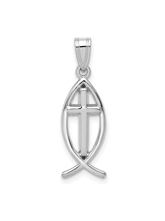 14k White Gold Cross Ichthus Fish Pendant for Women (L- 1.03 in, W- 0.36 in)