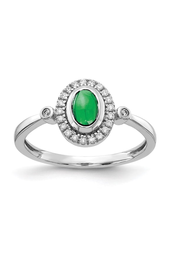 14k White Gold Diamond and Oval Cabochon Emerald Halo Ring for Women Size- 7