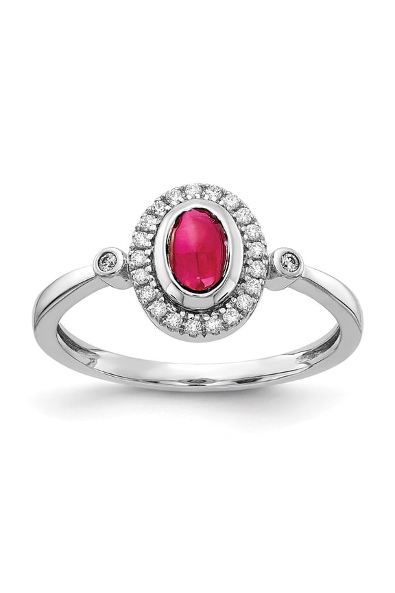 14k White Gold Diamond and Oval Cabochon Ruby Halo Ring for Women Size- 7