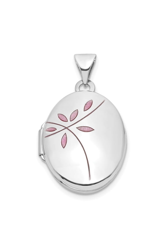 14k White Gold Enamel Leaves Oval Locket Pendant for Women (L- 1.04 in, W- 0.61 in)