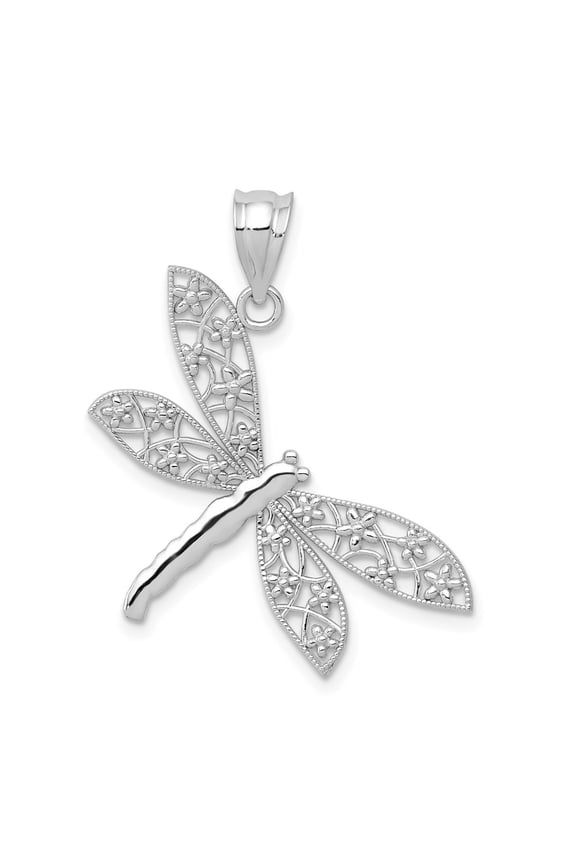 14k White Gold Filigree Dragonfly Pendant for Women (L- 0.95 in, W- 1.03 in)