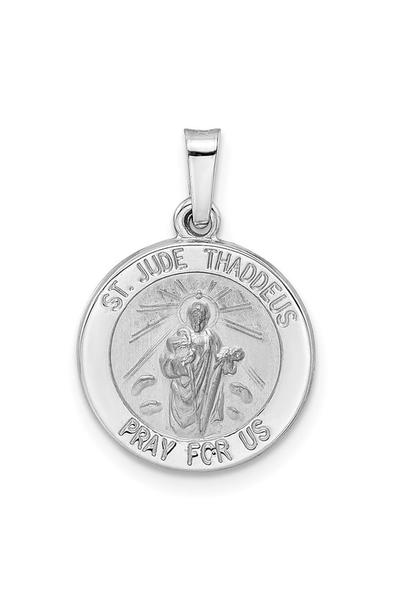 14k White Gold Hollow St Jude Thaddeus Medal Pendant for Women (L- 0.85 in, W- 0.58 in)