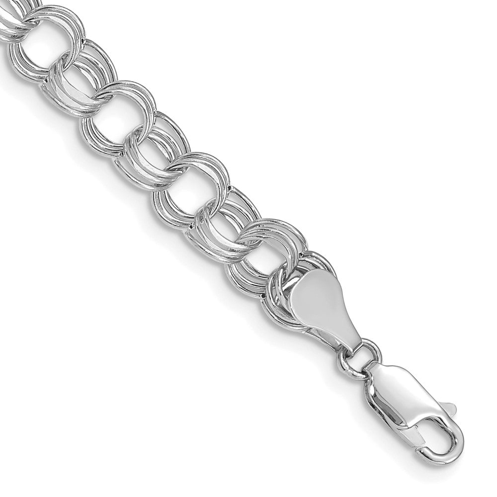 Diamond2Deal 14k White Gold Lite 7mm Triple Link Chain Charm Bracelet for Men 8.25"