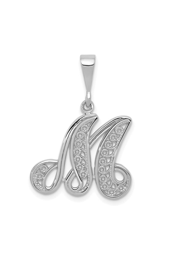 14k White Gold Script Filigree M Initial Pendant for Women