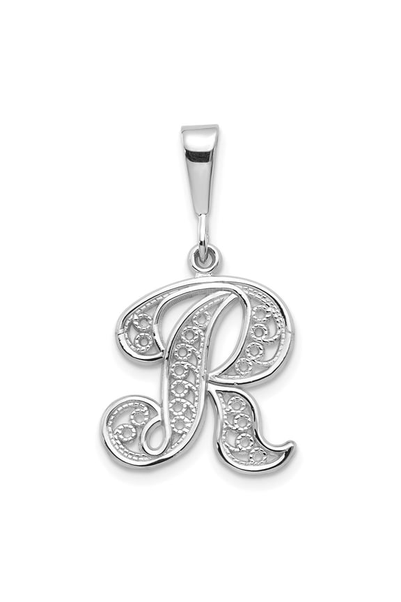 14k White Gold Script Filigree R Initial Pendant for Women