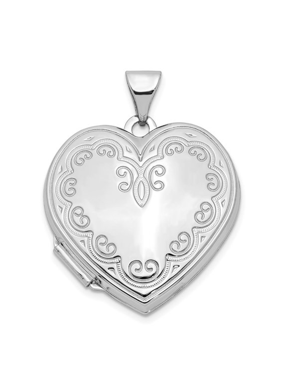 14k White Gold Scroll Design Heart Locket Pendant for Women (L- 1.07 in, W- 0.84 in)