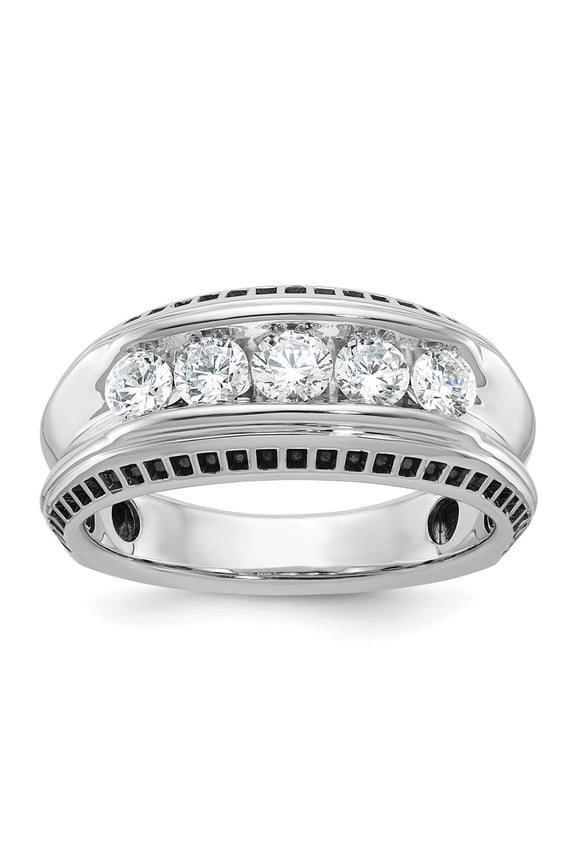 14k White Gold with Black Rhodium Men's Polished and Textured 5-Stone 1 Carat AA Quality Diamond Ring Size-10