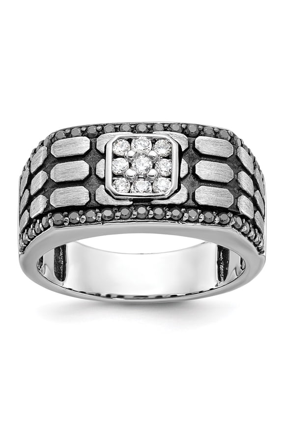 14k White Gold with Black Rhodium Men's Satin and Cobblestone Textured Black and White 5/8 Ct Diamond Ring Size-10