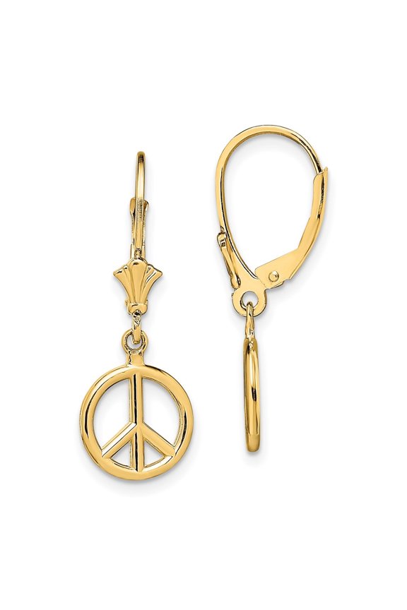 14k Yellow Gold 3-D Peace Symbol Leverback Earrings for Women (L- 0.4 in, W-0.4 in)