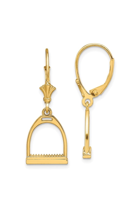 14k Yellow Gold 3-D Small Horse Stirrup Leverback Earrings for Women
