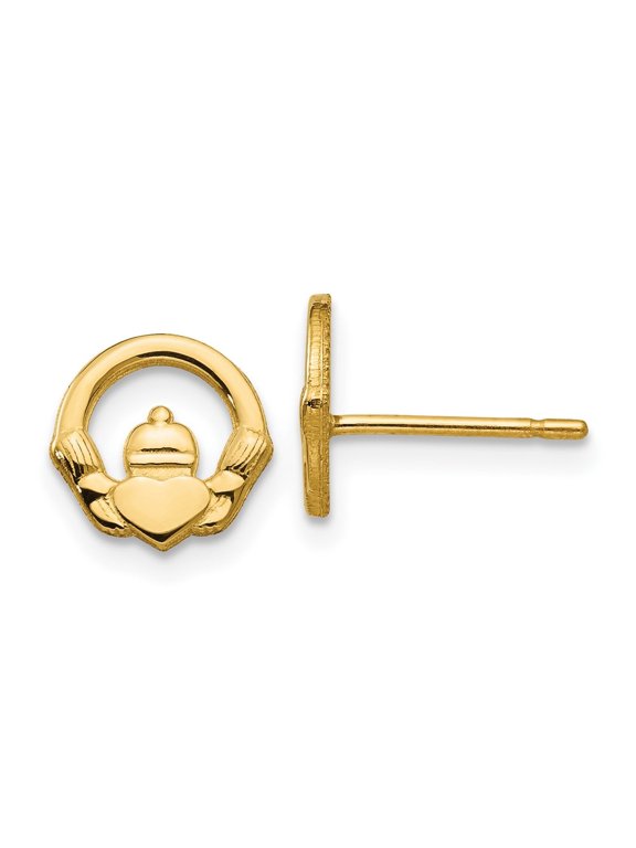14k Yellow Gold Claddagh Post Earrings for Women (L- 0.36 in, W-0.38 in)