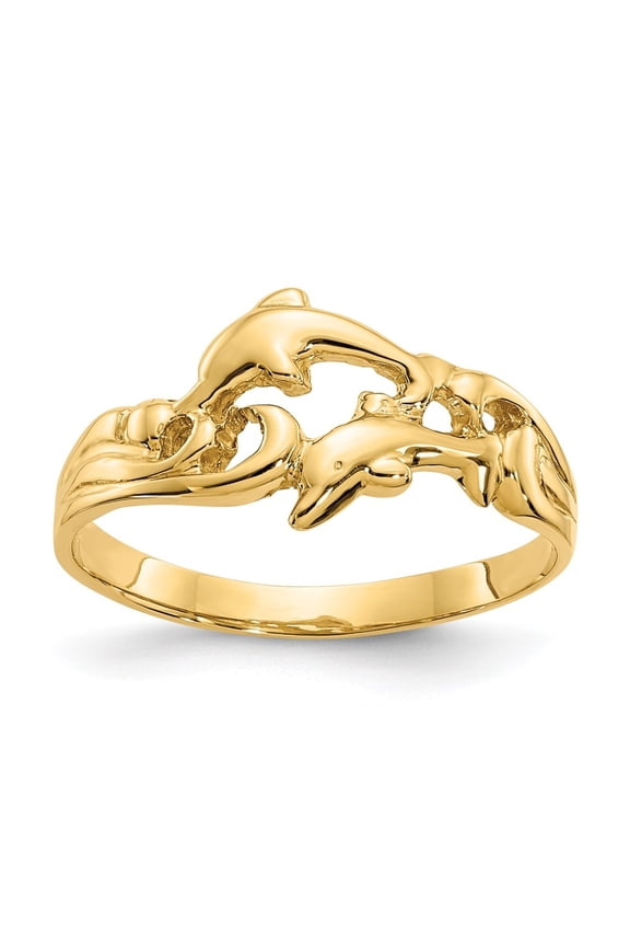 14k Yellow Gold Double Dolphins with Waves Ring for Women Size-6.5