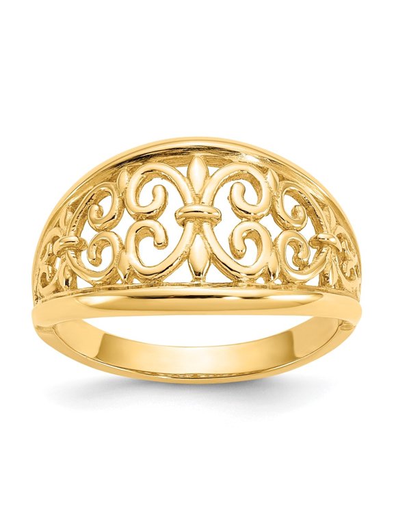 14k Yellow Gold Fleur-De-Lis Tapered Ring for Women Size-7