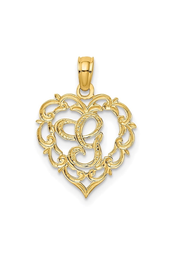 14K Yellow Gold Heart Script Letter G Initial Pendant for Women (L- 17.3 mm, W- 12.57 mm)
