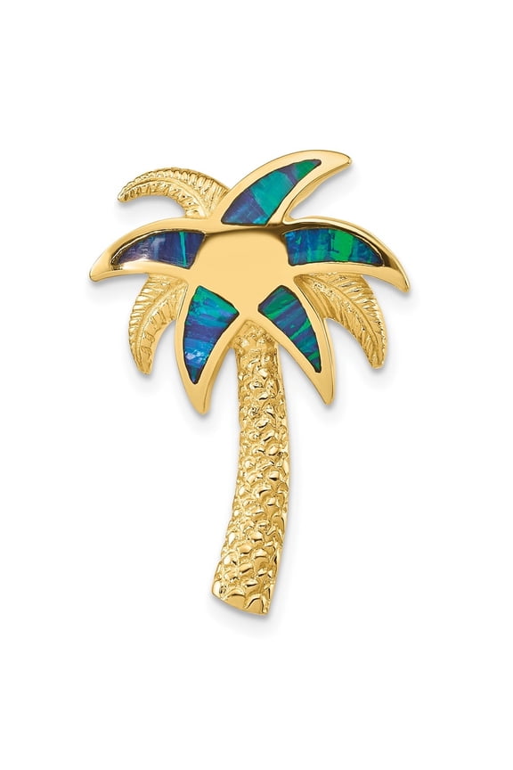 14k Yellow Gold Lab Created Opal Palm Tree Slide for Women