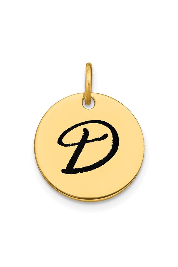 14k Yellow Gold Polished Black Enamel Letter D Initial Disk Charm for Women (L-15.24 mm, W-15.24 mm)