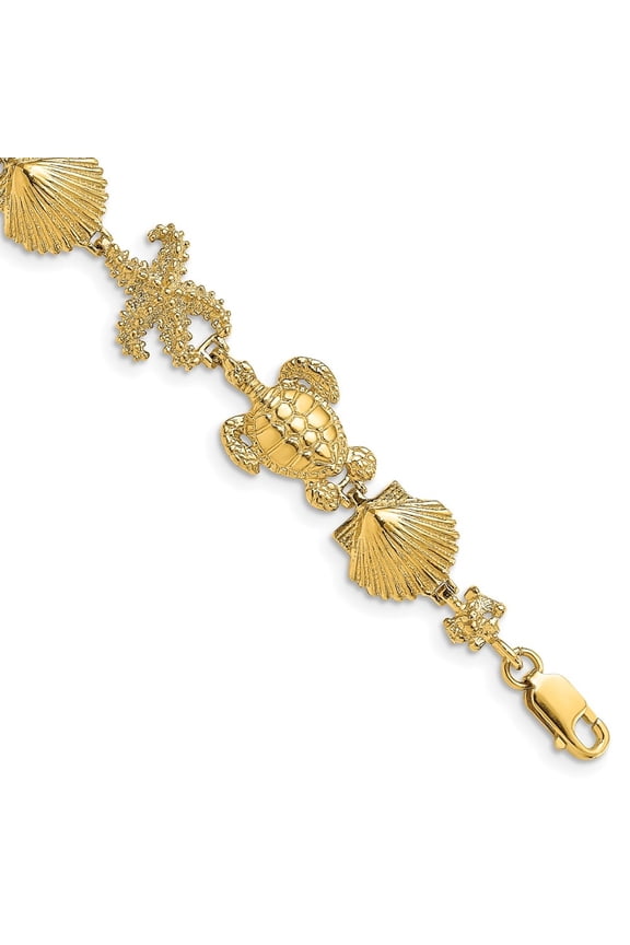 14k Yellow Gold Polished Turtle, Shell and Starfish Bracelet for Women 7.5"