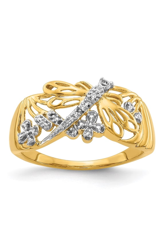 14k Yellow Gold Rhodium Diamond Dragonfly Ring for Women Size- 7