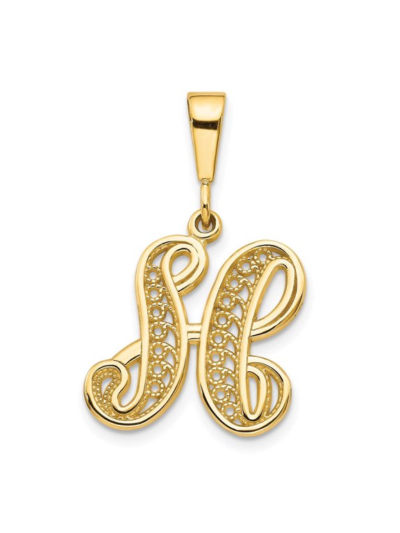 14k Yellow Gold Script Filigree Letter H Initial Pendant for Women