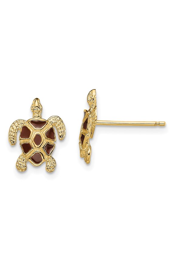 14k Yellow Gold Sea Turtle with Brown Enamel Shell Post Earrings for Women
