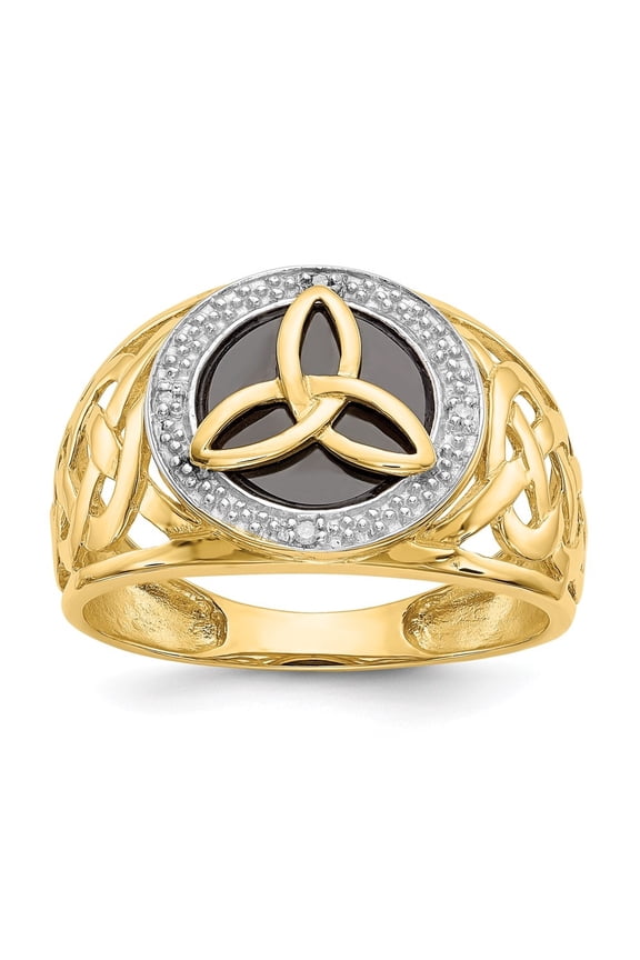 14k Yellow Gold with Rhodium Onyx Diamond Trinity Ring for Women Size-10