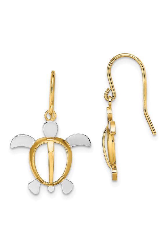 14k Yellow Gold with Rhodium Sea Turtle Dangle Earrings for Women