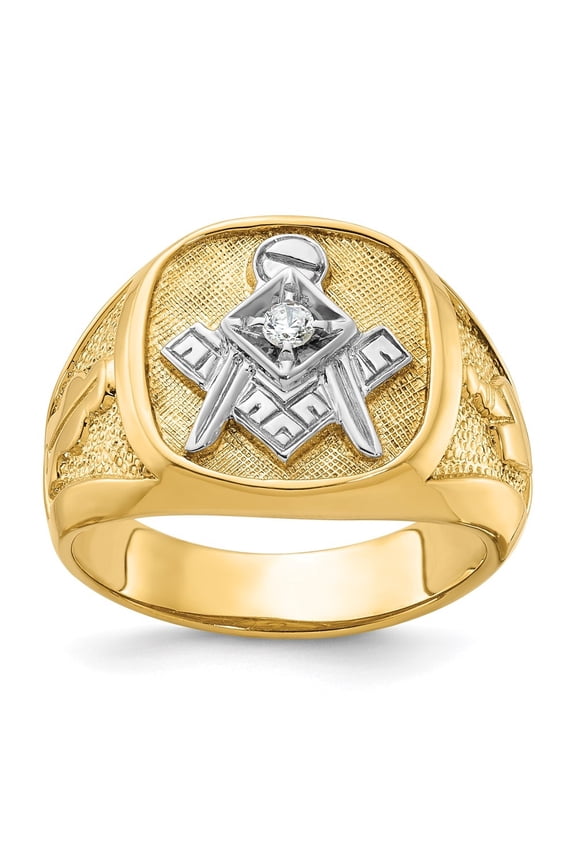 14k Yellow Gold with White Rhodium Men's Polished and Textured Diamond Blue Lodge Master Masonic Ring Size10