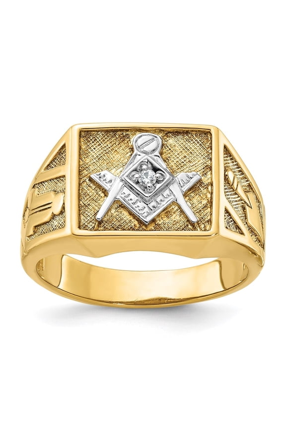 14k Yellow Gold with White Rhodium Men's Polished and Textured Diamond Blue Lodge Master Masonic Ring Size10
