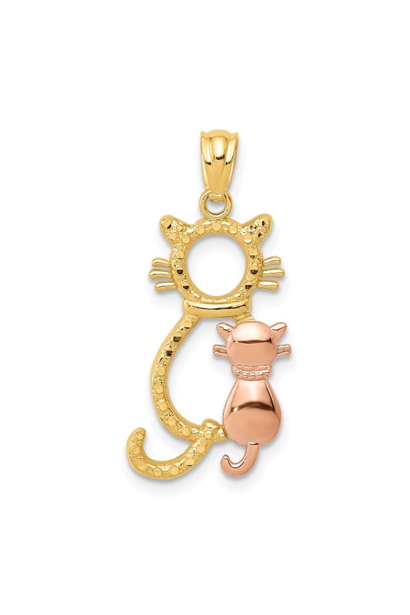 14k Yellow and Rose Gold Diamond-Cut Sitting Cats Pendant for Women (L- 1.06 in)
