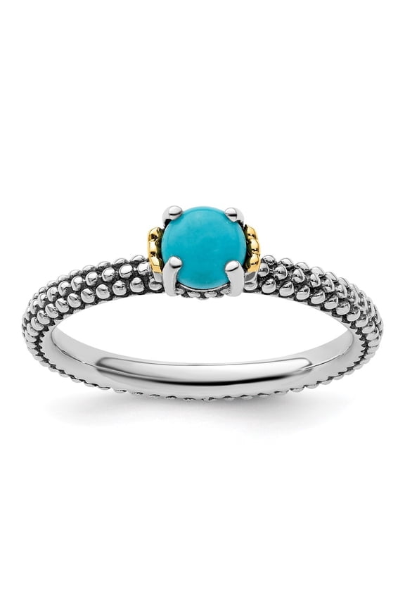 925 Sterling Silver & 14k Stackable Turquoise Antiqued Ring for Women Size 8