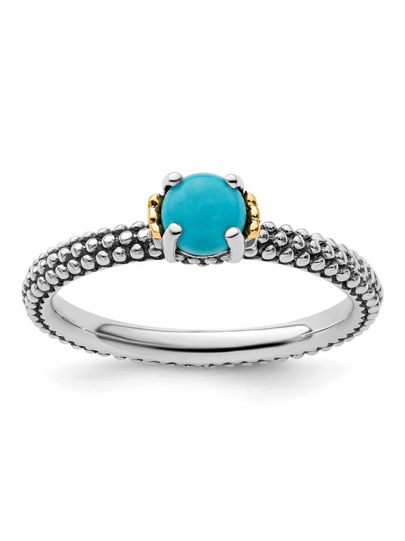 925 Sterling Silver & 14k Stackable Turquoise Antiqued Ring for Women Size 9