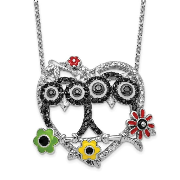 Diamond2Deal 925 Sterling Silver 16+2in w/ Extender Rhod-plated Enameled CZ Love Owls Necklace for Women 18.25"