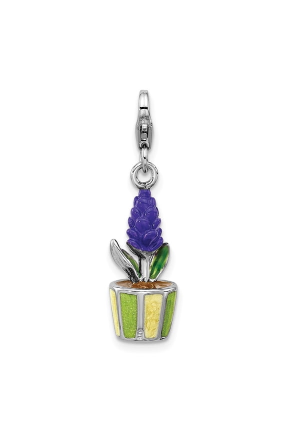 925 Sterling Silver 3-D Purple Enameled Hyacinth Flower in Green and Yellow Flower Pot Charm Pendant for Women