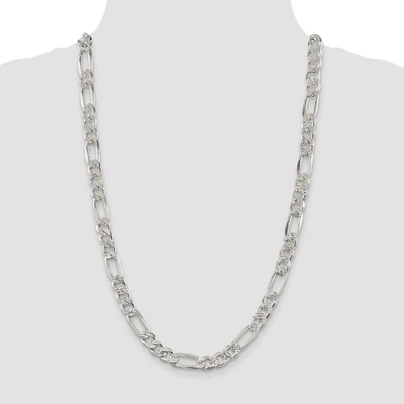 Diamond2Deal 925 Sterling Silver 9.5mm Pav‚ Flat Figaro Chain Necklace for Men 22"