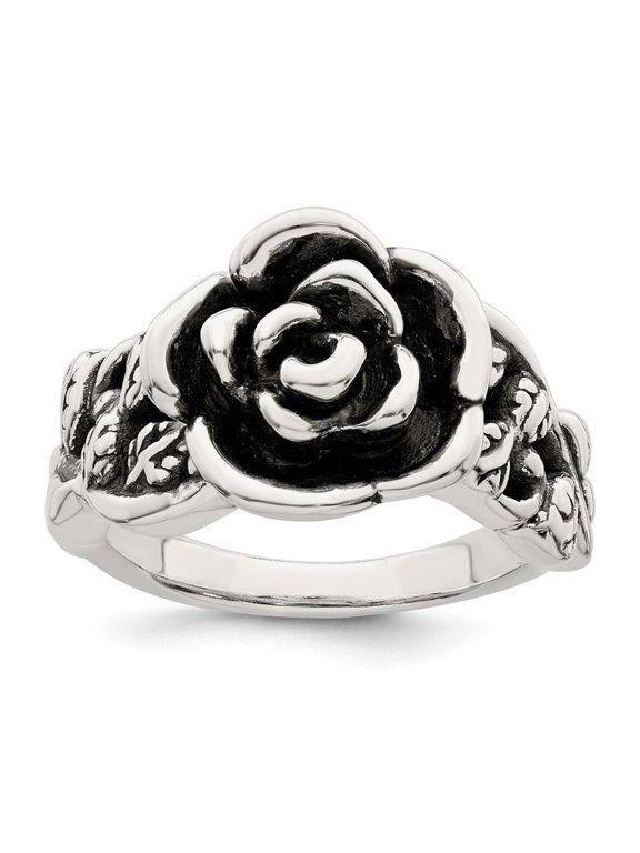 Diamond2Deal 925 Sterling Silver Antiqued Rose Flower Ring for Women Size 7