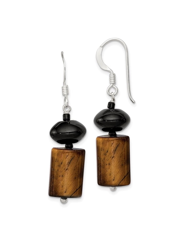 925 Sterling Silver Black Agate / Black Glass Bead / Tiger's Eye Dangle Earrings for Women